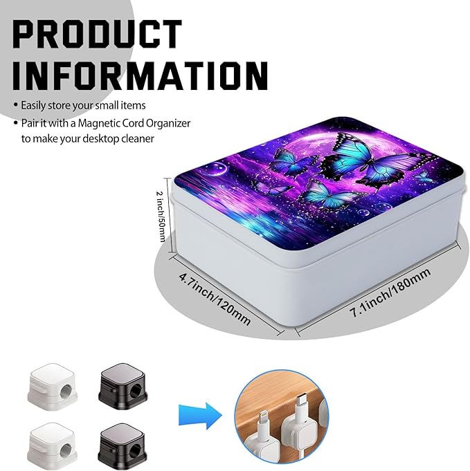 Metal Tin Box with Lid for Game Cards Home Organizer Candles Keys Crafts Storage - Equipped with 4 Magnetic Cord Clips，Purple Moon Blue Butterfly