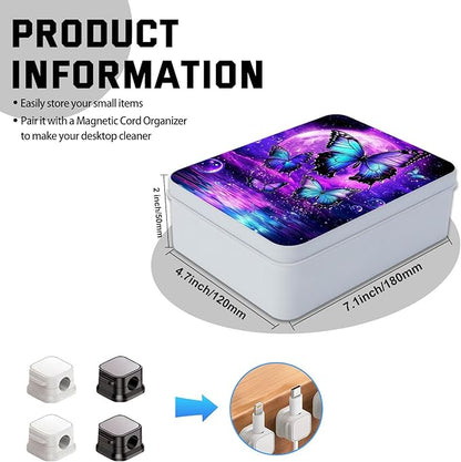Metal Tin Box with Lid for Game Cards Home Organizer Candles Keys Crafts Storage - Equipped with 4 Magnetic Cord Clips，Purple Moon Blue Butterfly