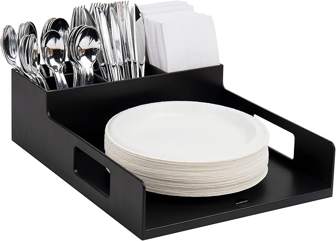 Mind Reader Utensil Napkin and Plate Organizer Tray, Countertop Caddy with 7 Compartments, Holds Plates up to 10.5 Inches, Breakroom and Buffet Organizer, Plastic, Black