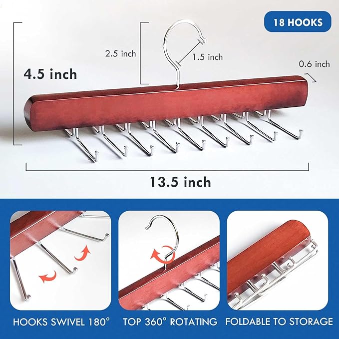 Tie Rack Hanger for Closet, Wooden Tie Hangers for Men with 18 Folding Hooks, Space Saving Tie Holder Neck Tie Organizer for Men Ties, Belts, Bras, Scarves, Tank Tops (Mahogany)