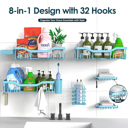 NESOMI Shower Caddy Adhesive Shower Organizer 8-Pack, Rustproof Stainless Steel Bathroom Shelves, Large Capacity No-Drill Rack Storage Accessories with Soap Dish Toothbrush Holder Hooks