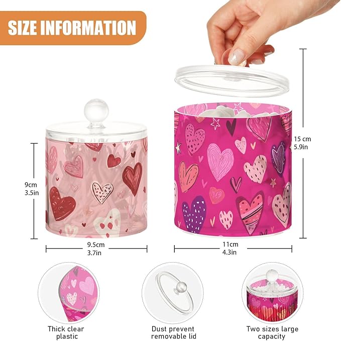 2 Pack Qtip Dispenser Apothecary Jars with Lids Cotton Round Holder Bathroom Canisters for Cotton Swab Floss Ball Pads Clear Plastic Decorative Pink Valentine Hearts