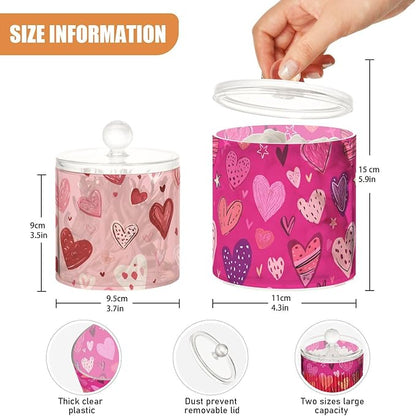 2 Pack Qtip Dispenser Apothecary Jars with Lids Cotton Round Holder Bathroom Canisters for Cotton Swab Floss Ball Pads Clear Plastic Decorative Pink Valentine Hearts