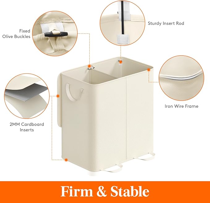Lifewit Double Laundry Hamper with Lid and Removable Laundry Bags, Large Collapsible 2 Dividers Dirty Clothes Basket with Handles for Bedroom Laundry Room Closet Bathroom College, 136L Ivory White