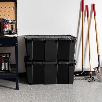 IRIS USA 32 Gallon Heavy Duty Rolling Storage Bin with Lid, 2 Pack Extra Large Stackable Industrial Tote, Lockable Container with Wheels and Secure Latches for Garage, Basement, Camping, Tools, Truck