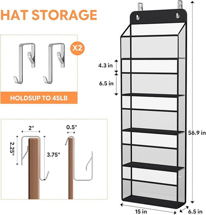 Simple Trending Over The Door Hat Organizer for Baseball Caps, Large Storage 72 Caps Hat Rack for Closet Wall, Deep Pockets Hanging Hat Holder with 2 Hooks, Black