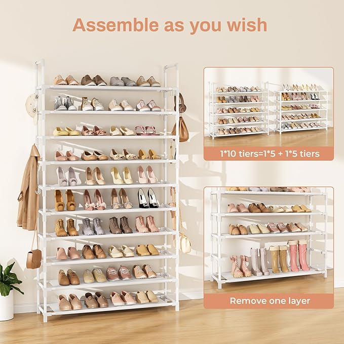 LANTEFUL Tall Shoe Rack 10 Tier Shoe Organizer Large Shoe Shelf with 18 Hooks Storage for 50 Pair Sneaker and Boot, Stackable Vertical Shoe Rack Organizer for Closet, Entryway, Bedroom, White