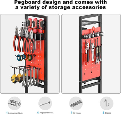 CCCEI Garage Power Tools Organizer Cart with Charging Station, Black Floor Standing Rolling Drill and Tools Battery Storage Cart on Wheels. Red Utility Rack Gift for Men, Husband, Father.