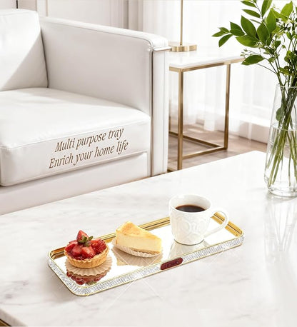 Bathroom Gold Tray Jewelry Perfume Makeup Organizer Decorative Tray for Vanity, Dresser, Bathroom, Bedroom Entrance Hall, Living Room(11.8IN White)