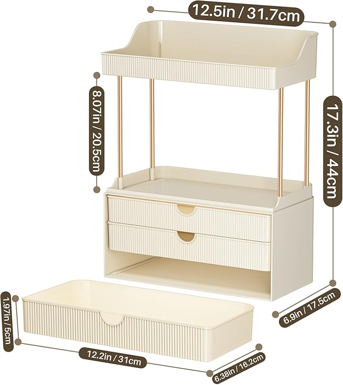 caktraie Bathroom Organizers and Storage - 3 Drawers 2 Tier Makeup Organizer, Cosmetic Storage Drawer for Dresser Countertop and Bathroom Vanity for Large Skincare, Perfume, Cream White