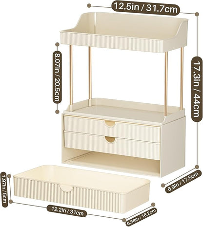 caktraie Bathroom Organizers and Storage - 3 Drawers 2 Tier Makeup Organizer, Cosmetic Storage Drawer for Dresser Countertop and Bathroom Vanity for Large Skincare, Perfume, Cream White