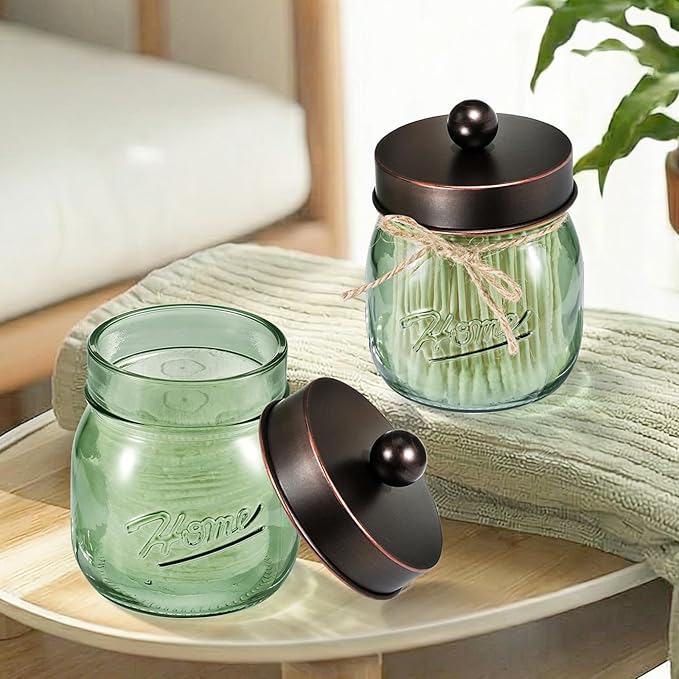 SheeChung Green Glass Qtip Holder Dispenser, Mason Jar Apothecary Jars with Lids, Bathroom Organizers and Storage, Vanity Countertop Canisters Set for Cotton Swab, Ball, Pad, Floss Pick-ORB, 3 Pack