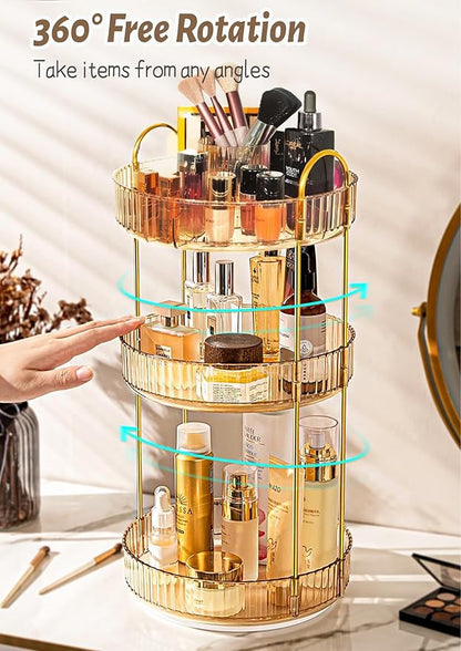 VNIMTI Skincare Organizers 360 Rotating, 3 Tier Makeup Organizer Countertop, Spinning Cosmetics Organizer Display Cases, Beauty Storage for Vanity, Countertop, Bathroon (Gold - Separate Grids)