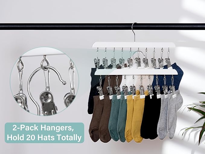 StorageWorks Hat Rack, Closet Organizer and Storage for Baseball Caps,Set of 2 with 10 Adjustable Stainless Steel Clips, Fits All Caps, White