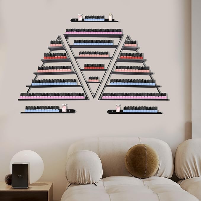 Wall-Mounted Nail Polish Rack, Set of 6 Triangular Black Nail Polish Shelf Lipstick Perfume Cosmetic Display Shelf for Home Spa Nail Salon Shop