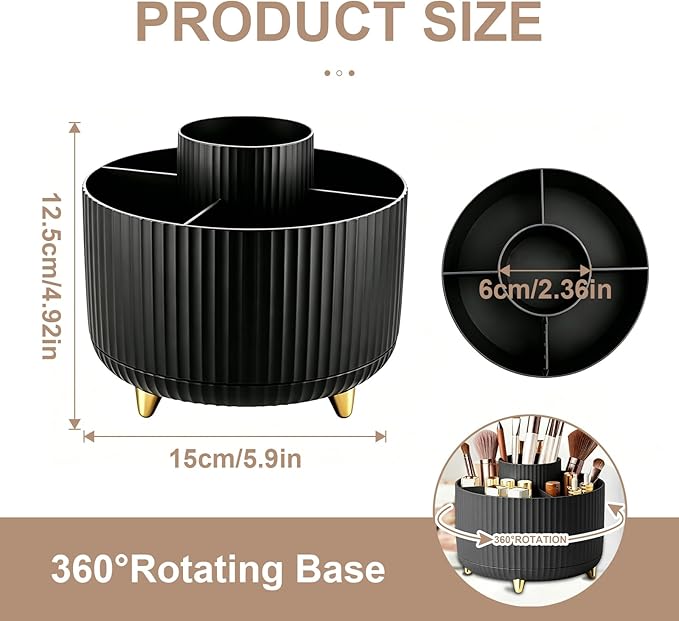 360°Rotating Makeup Brush Holder Organizer, Black Countertop Cosmetic Display Case, Spinning Skincare Storage Carousel for Vanity, Desktop & Bathroom