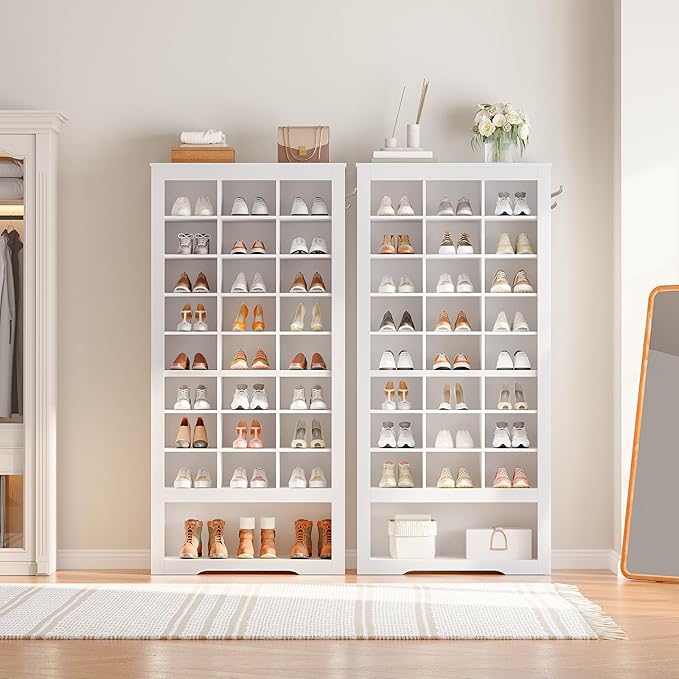 HOOBRO Tall Shoe Cabinet Set of 2, 9 Tier Shoe Storage Cabinet, Freestanding Wooden Shoe Organizer with 24 Cubbies and 3 Hooks, for Entryway, Closet, Living Room, White WT24SCP201