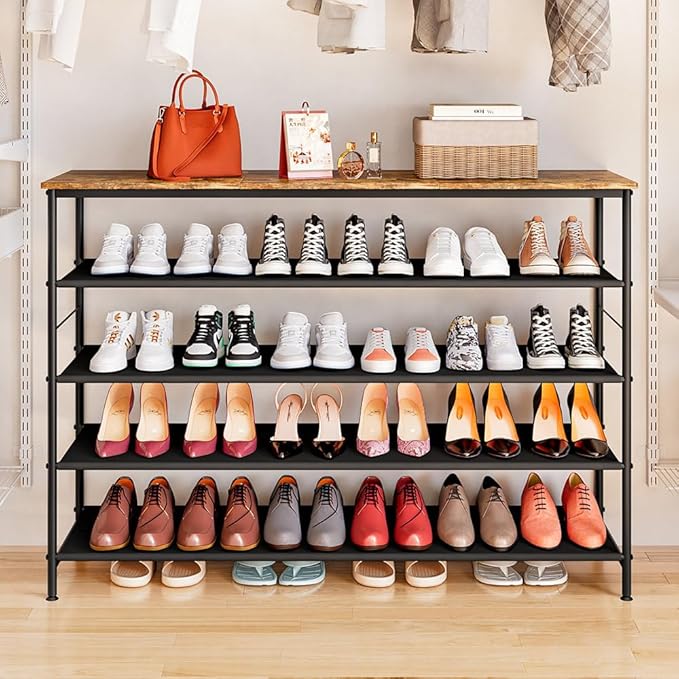 INGIORDAR Shoe Rack Organizer 5 Tier Metal Organizer Shelf with Industrial MDF Board and Layer Fabric for Entryway Closet Bedroom Living Room Garage (Black+Rustic Brown, 5 Tier(47.2" W))