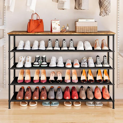 INGIORDAR Shoe Rack Organizer 5 Tier Metal Organizer Shelf with Industrial MDF Board and Layer Fabric for Entryway Closet Bedroom Living Room Garage (Black+Rustic Brown, 5 Tier(47.2" W))