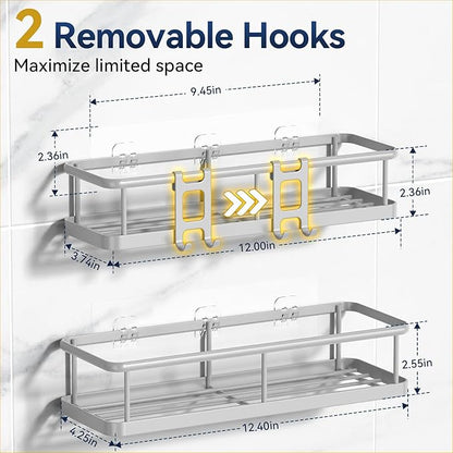 YASONIC Shower Caddy Adhesive, No Drill Bathroom Shower Organizers, with Removable Hooks, Rust Proof Shower Shelves, Wall-Mounted Shower Holder, Grey, 2 Pack