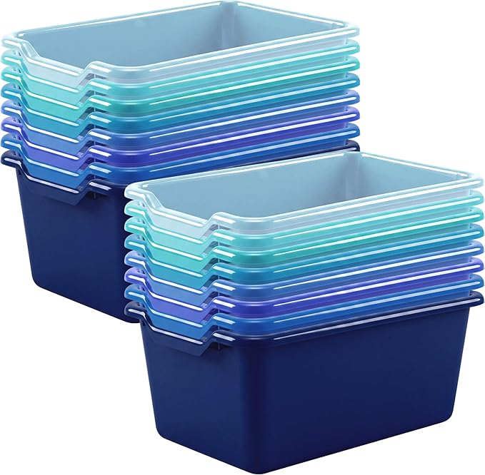 Dandat 16 Pcs Plastic Book Bins for Classroom Library Cubby Bins Scoop Front Stackable Toy Storage Tubs Containers for School Office Home Nursery Playroom Organization (Blue Series)