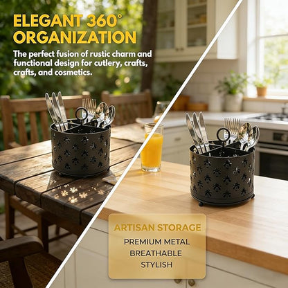 NelyBet 360°Rotating Utensil Caddy Countertop - Bee Silverware Caddy Holder with 4 Compartment - Mesh Cutlery Caddy Holder with Handle for Party Kitchen Counter Office Black