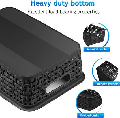 FUCDTEFC Black Plastic Basket, 8 Pack Home Organization and Storage Baskets with Handles, Space Saving Woven Organizer Bins Plastic Storage Basket for Organizing Cabinets,Closets, Shelves, Countertops
