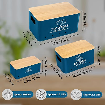 Kitchen Vegetable Storage Set of 3, Metal Onion Garlic Potato Storage Set, Kitchen Canisters Vegetable Keeper Containers with Aerating Holes and Wooden Lid (Dark Blue)