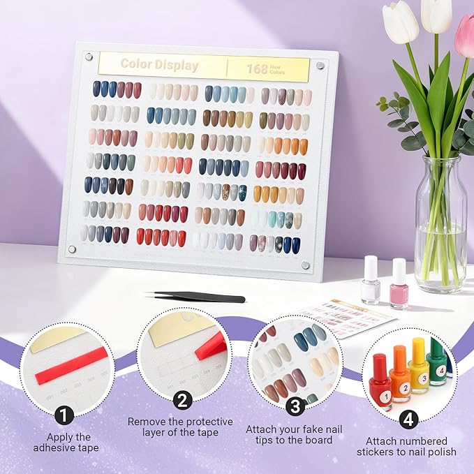 Segbeauty 168 Colors Acrylic Nail Art Display Board with Tweezer, Nail Display Polish Stand with False Fingernail Tips Double Sided Tape and Number Sticker, Showing Holder for Sample Display Practice