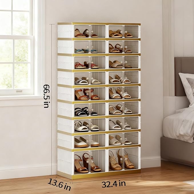 SYNCVIBE Shoe Rack Organizer for Closet Entryway Foldable Sneaker Storage Shoe, Collapsible Shoe Cabinet, Stackable Shoe Storage Cabinet with Lids for Living Room (9 Tiers -36 Pairs White Gold)