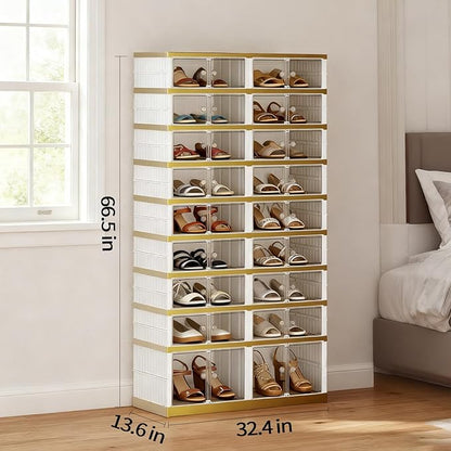 SYNCVIBE Shoe Rack Organizer for Closet Entryway Foldable Sneaker Storage Shoe, Collapsible Shoe Cabinet, Stackable Shoe Storage Cabinet with Lids for Living Room (9 Tiers -36 Pairs White Gold)