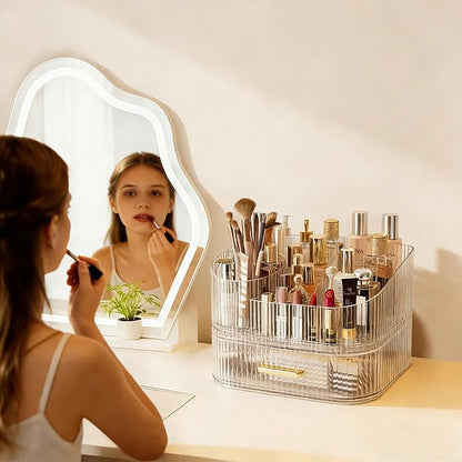 Makeup Organizer with 360° Rotating Brush Holder and Stackable Drawers, Cosmetic Display Case for Vanity, Bathroom Countertop (Clear, 2 Layer)