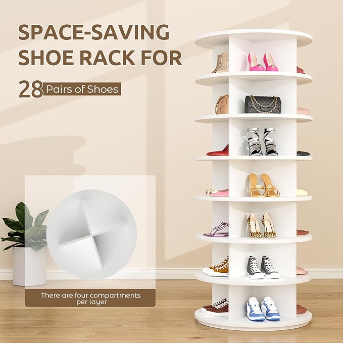 Rotating Shoe Rack 7 Tier Spinning Shoes Organizer Tower for 28-32 Pairs Lazy Susan 360 Revolving Shoe Storage Cabinet Rotate Shoe Handbag Rack Round Carousel for Closet, Bedroom (White)