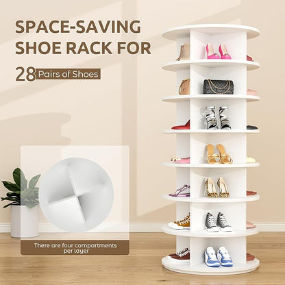 Rotating Shoe Rack 7 Tier Spinning Shoes Organizer Tower for 28-32 Pairs Lazy Susan 360 Revolving Shoe Storage Cabinet Rotate Shoe Handbag Rack Round Carousel for Closet, Bedroom (White)