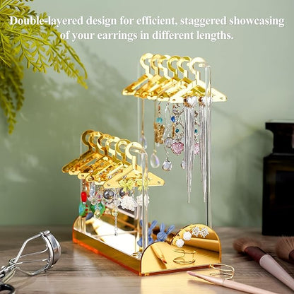 NiHome Acrylic Earring Holder with Unique Double-Tiered Design, Cute Miniature Clothing Hangers with Spacious Storage for 48 Pairs, Display for Home Vanity & Retail Showrooms(Gold, With Tray)