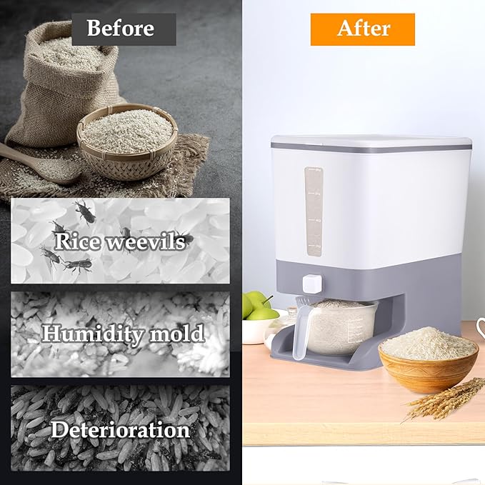 Juome 20-25 Lbs Rice Dispenser with Moisture Absorbing Clay - Large Rice Storage Container with Measuring Cup, Sealed Food Storage Containers with Lids, Rice Holder for Kitchen Pantry Household