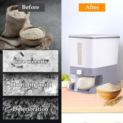 Juome 20-25 Lbs Rice Dispenser with Moisture Absorbing Clay - Large Rice Storage Container with Measuring Cup, Sealed Food Storage Containers with Lids, Rice Holder for Kitchen Pantry Household