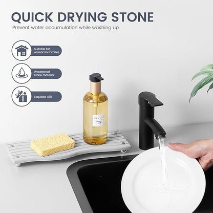 Water Absorbing Stone Tray for Sink,Quick Drying Diatomaceous Earth Coasters Sink Caddy Organizer,Soap Dish Holder & Toothbrush Holder for Bathroom Counter， Toiletries（Grey, 11.8" x 4.33"）