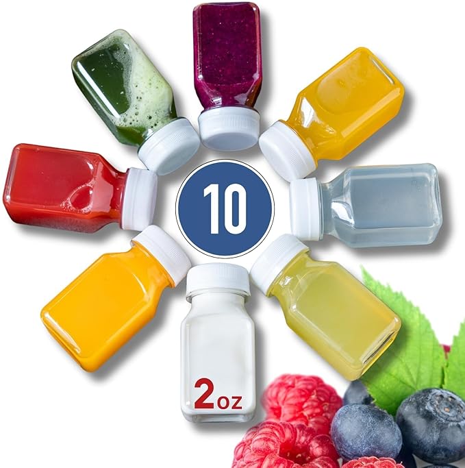 Norcalway 10pcs 2oz Plastic Shot Bottles with Caps - Ginger Shot - Freezer Safe, Leak Proof, BPA Free, Food Grade Small Plastic Travel Bottles with Caps