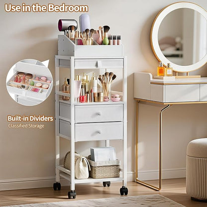 Luxspire Makeup Organizer Cart, Floor Skincare Organizers, Makeup Storage with Drawers, Vanity Organizer Cosmetics Display Cases Holder for Skin Care Perfume Nail Polish Makeup Brush Hair Tool, White