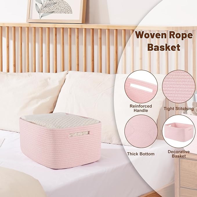 OIAHOMY Storage Basket for Shelves, Closet Cube Storage Bins Baskets for Clothes Blanket Towels, Baby Nursery, Toy Baskets Box, Woven Rope Basket, 15.75 * 11.81 * 7.09 IN, 2 Packs Mixed Pink