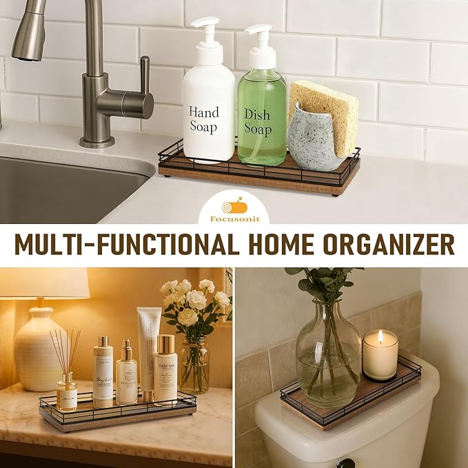 Bathroom Vanity Tray for Countertop, 12" x 6" Acacia Wood Toilet Tank Tray with Metal Guardrail, Bathroom Organizer for Soap, Perfume & Skincare, Non-Slip Decorative Tray for Dresser, Black & Acacia