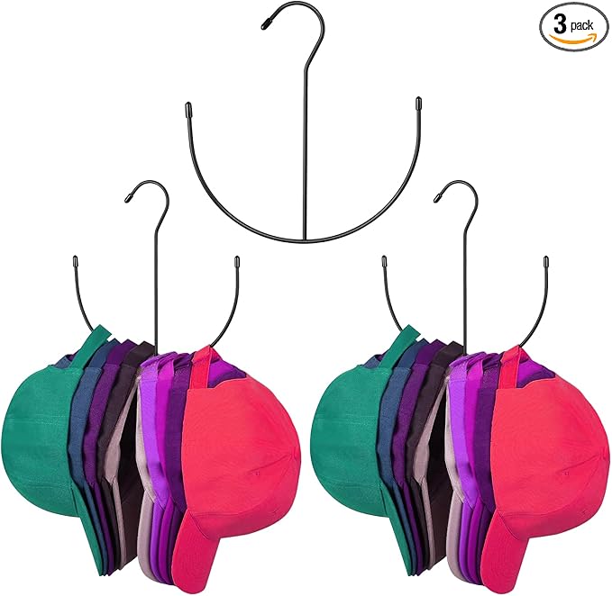 Hat Organizer for 30 Baseball Caps, 3 Pack Black Metal Hat Rack, Closet Hat Hangers, Cap Holder