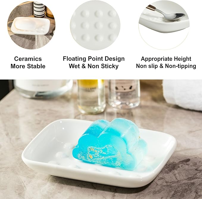 Miamolo Soap Dish, Ceramic Soap Holder Shower Soap Dish for Bar Soap Sponge, Soap Saver Tray for Bathroom Kitchen Sink, White