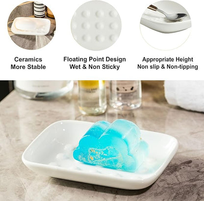 Miamolo Soap Dish, Ceramic Soap Holder Shower Soap Dish for Bar Soap Sponge, Soap Saver Tray for Bathroom Kitchen Sink, White (Pack of 2)