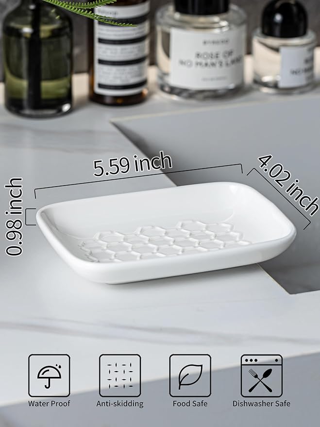 Gomakren Soap Dish for Shower, Ceramic Bar Soap Holder with Honeycomb Design, Soap Saver Tray for Bathroom Kitchen Sink, Sponge & Organizer Tray, Upscale Look, 5.5 Inch, White