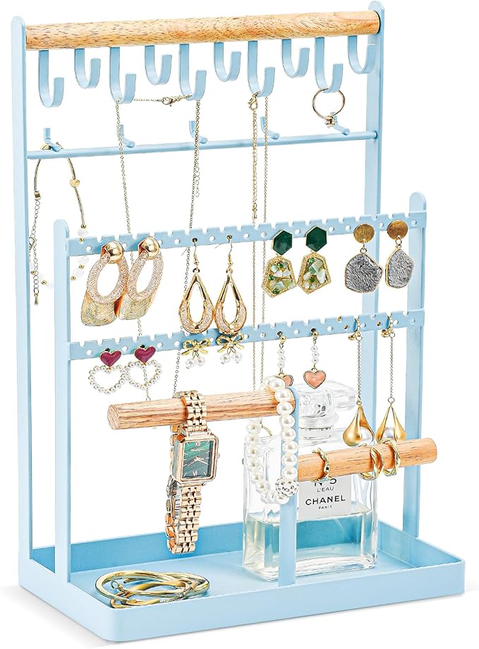 ProCase Jewelry Organizer Stand Necklace Organizer Earring Holder, 6 Tier Jewelry Stand Necklace Holder with 15 Hooks, Jewelry Tower Display Rack Storage Tree for Bracelets Earrings Rings -Blue