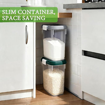 Gray White Rice Storage Container 15-20 Lbs, Tall Flour Container with Scoop + Cup - Slim Dry Food Storage Bin for Cereal, Sugar, Beans, Pet, Dog, Cat Food - Kitchen and Pantry Storage Organization