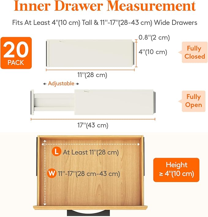 Lifewit 20 Pack Drawer Dividers 4" High 28-43.5cm/11-17" Adjustable Drawer Organizer for Clothes/Utensils, Expandable Drawer Separator in Dresser/Kitchen/Bedroom/Office Organization & Storage Beige