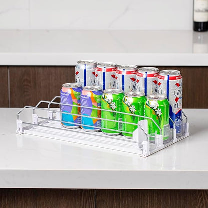 RULA Drink Organizer for Fridge, Width Adjustable Water Bottle Pusher Glide, Self-Pushing Soda Can Dispenser for Refrigerator - Holds up to 15 Cans (15" D, 3 Rows)